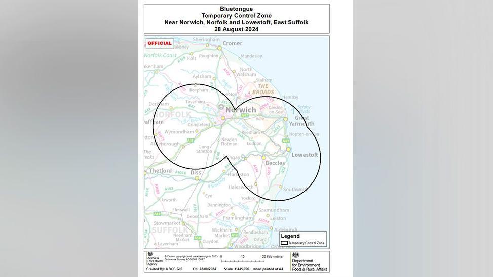 Map of Norfolk and Suffolk showing zone restricting the movement of ruminant livestock