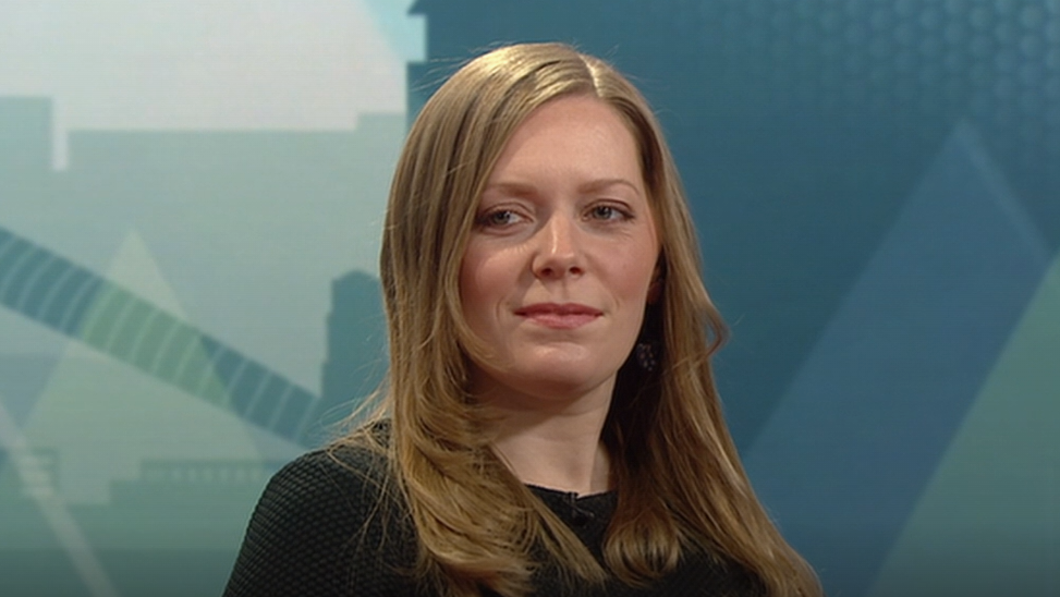 Labour MP Sarah Edwards, a woman with long dark blonde hair, wearing a black top.