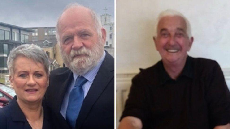 A compilation photo showing married couple Varena and Paul Creelman, and Varena's brother Phil Hegarty.  Varena had short, grey hair and was wearing a dark jacket.  Paul had a white beard and was wearing a dark suit and a blue tie and Phil is pictured on his own smiling at the camera.  He has short, white hair and was wearing a black shirt. 