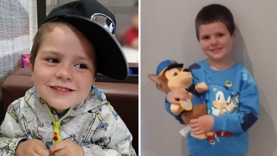 Composite image of Kyran Durnin photos. On the left Kyran is wearing a black baseball hat and grey patterned hoody with neon zip. On the right he is in a blue Sonic the Hedgehog jumper and he is holding a brown Paw Patrol stuffed toy dog in police uniform. 