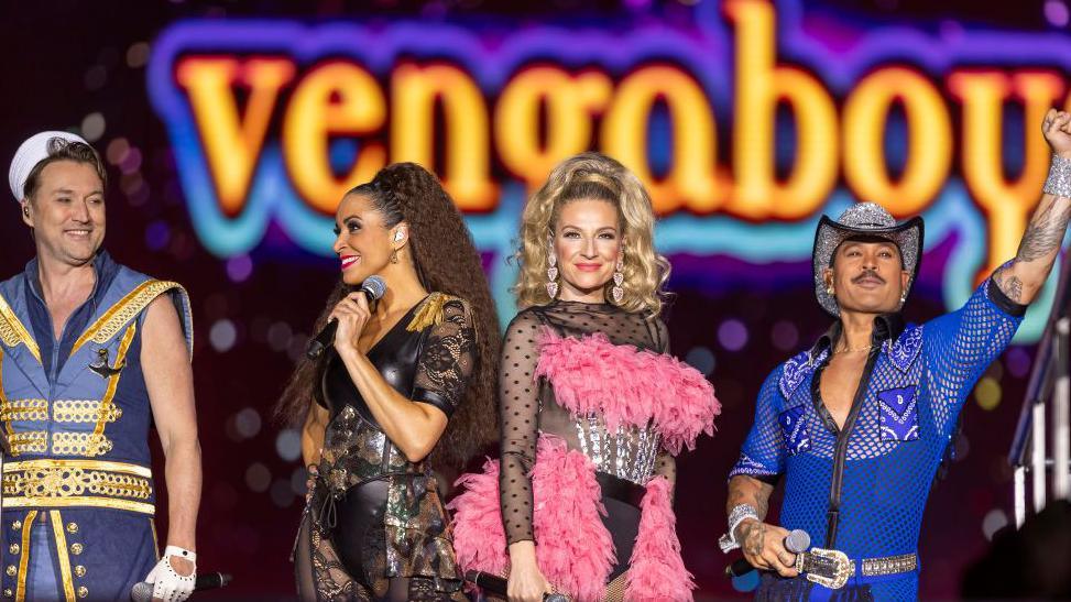 Te band Vengaboys performs during the DJ Ötzi Mountain Mania Apres Ski show at Uber Arena on March 15, 2025 in Berlin, Germany.