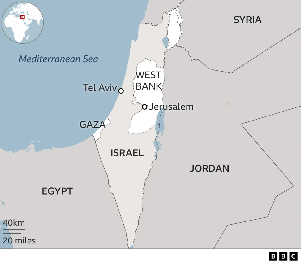 A map showing Gaza, Israel, the occupied West Bank and other parts of the Middle East