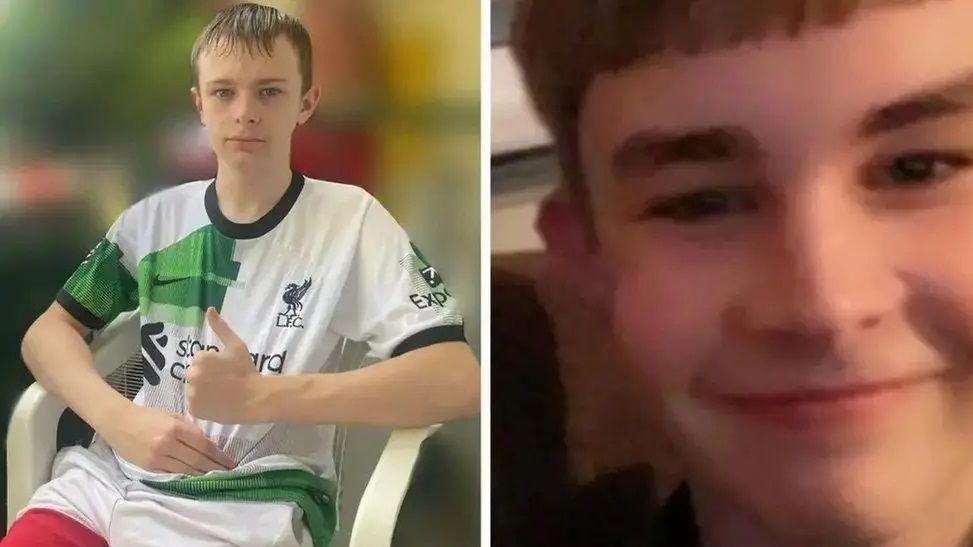 A composite image of Mason (left) and Max (right). Mason is pictured wearing a green, white and black Liverpool shirt, and is sitting in a white plastic chair with a thumb up at the camera. The picture of Max is a close-up image and he is smiling at the camera.