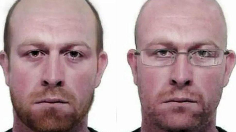 Two images of fugitive Kevin Parle released by police - the one on the right shows how he could look now after years on the run, with the man older and wearing glasses in the second photograph.