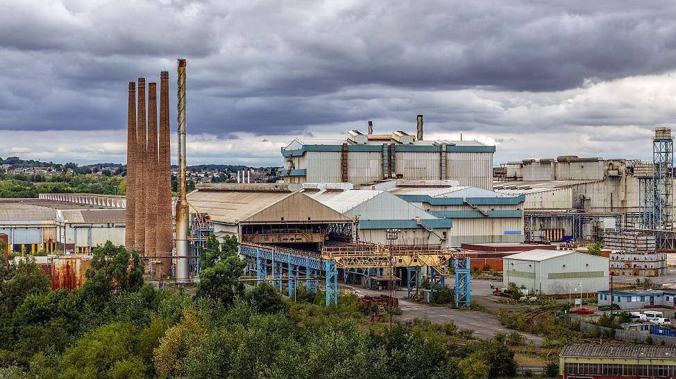 Liberty Steel's plant in Rotherham consists of a number of large industrial buildings with tall chimneys on the left
