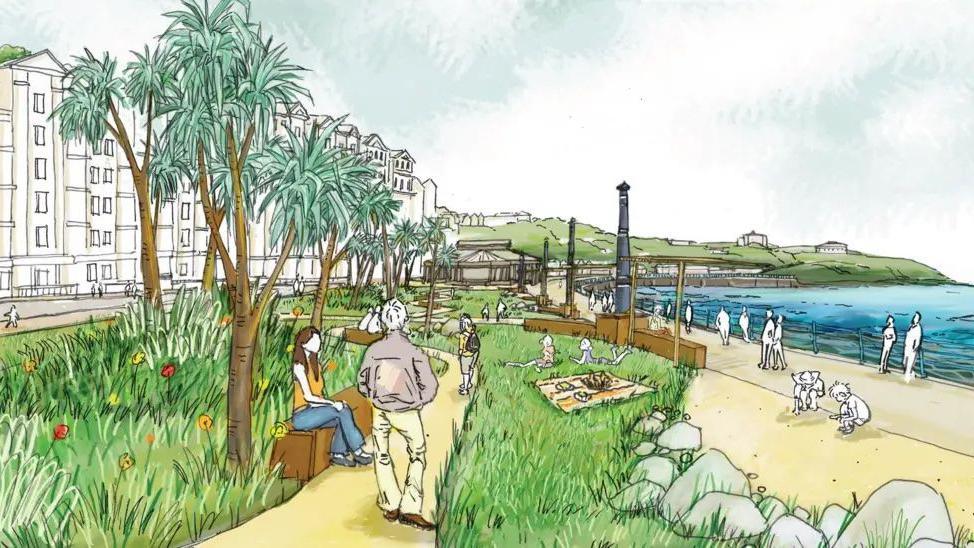 A drawing of the plans in the Queen's Promenade sunken garden, there are large grassy areas, children play in a sandy area there is seating along a winding path and trees.