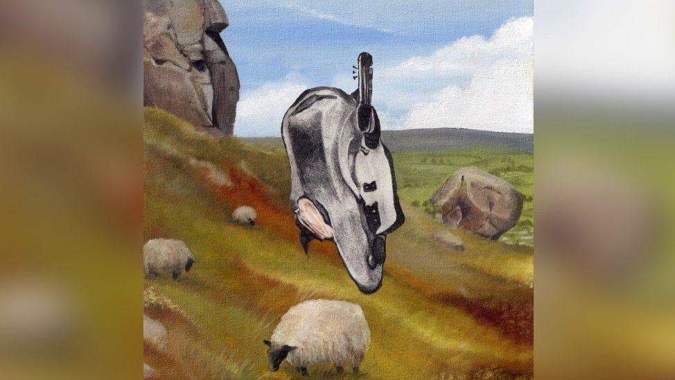 Album cover for English Teacher's band, This Could Be Texas, a painting of sheep grazing on the cow and calf rocks on Ilkley Moor