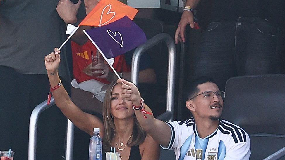 US actress Jessica Alba (L) and US actor Danny Ramirez attend the 2026 World Cup football tournament final match between Spain and Argentina