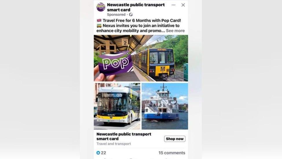 A screenshot of one version of the scam page. It is called Newcastle public transport smart card. Part of the post which is visible reads "Travel free for 6 months with a Pop Card. Nexus invites you to join an initiative to enhance city mobility and promote..." There is a composite photo of a had holding a purple Pop card in front of a Metro train. Below there are photos of a bus and the Shields Ferry. The post has 22 likes and 15 comments.