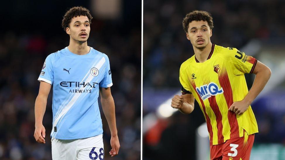 Two images of Max Alleyne - one wearing a Manchester City shirt and the other wearing a Watford shirt.