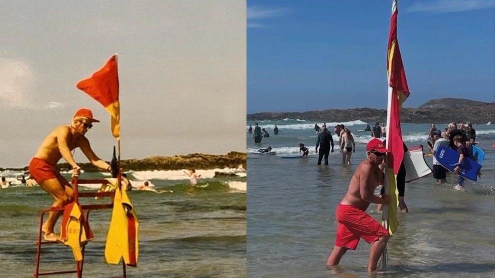 There are two photos of Martin White taken of him in the same place, 30 years apart. In the photo on the left, Martin is stood on a chair in the sea with a yellow and red flag. In the photo on the right, the more recent one, Martin is moving a flag in the sea. He is wearing a red hat in both images, and red shorts. There are people in the water in both photos.