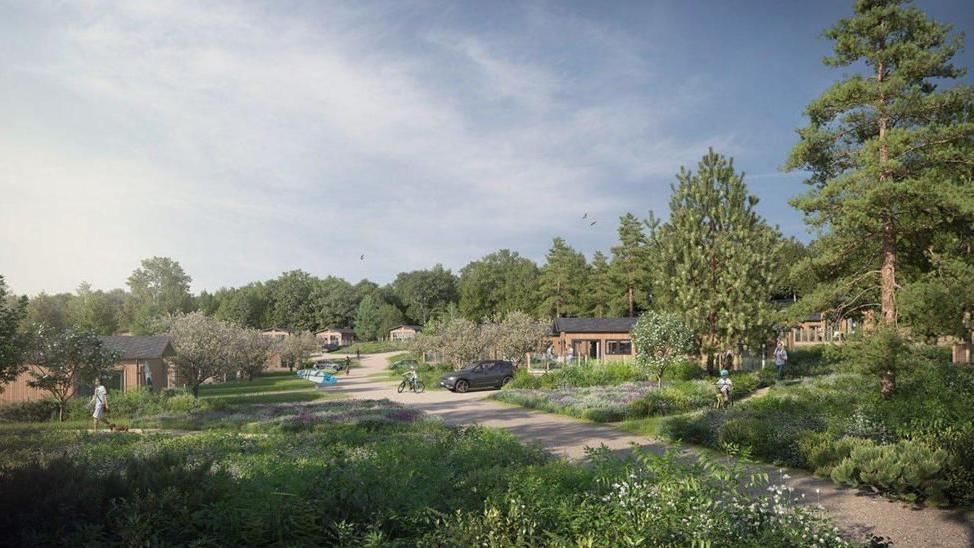 A computer-generated image of a holiday park set among trees in the countryside. A number of wooden lodges can be seen either side of a narrow pathway. People are walking around and a car is parked on the right.