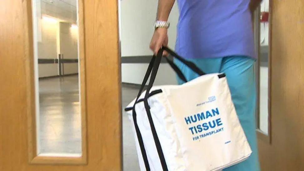 A nurse wearing blue scrubs walking through a wooden doorway on a hospital corridor carrying a white bag that has the words 'human tissue for transplant' written on it in blue.