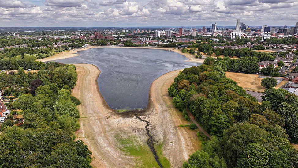 areal view of a depleted reservoir in Birmingham revealing very brown and cracked ground around it.