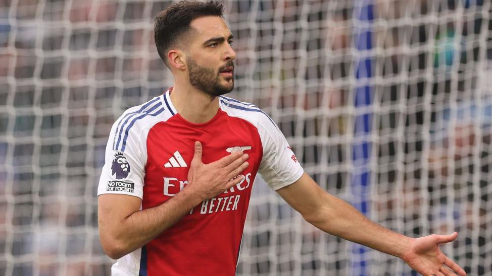 Arsenal's Mikel Merino celebrates after putting The Gunners ahead at Leicester City