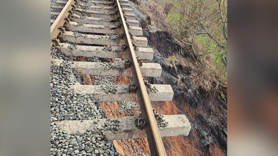 A close-up image of a railway track, where land has been worn away on the right-hand side