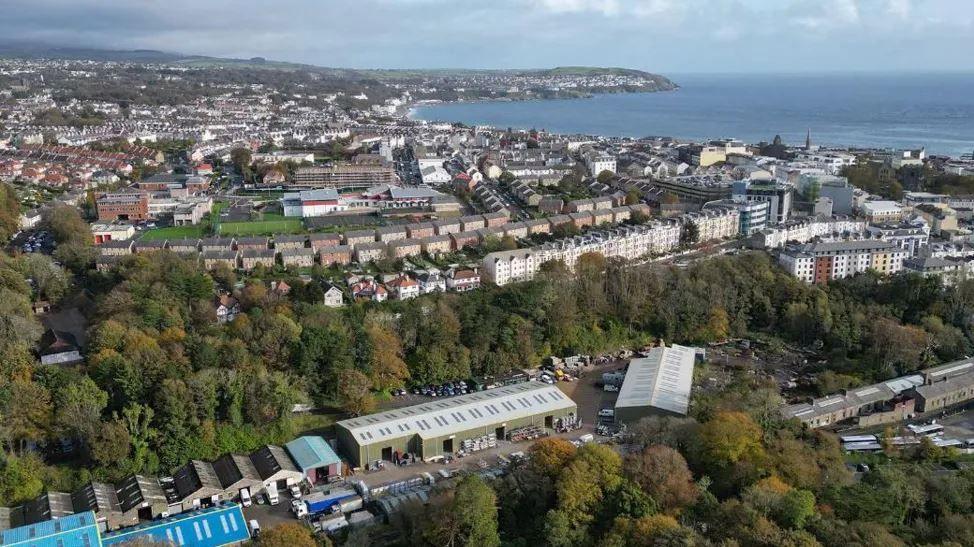 Douglas from above, lines of houses and trees leading to the sea.