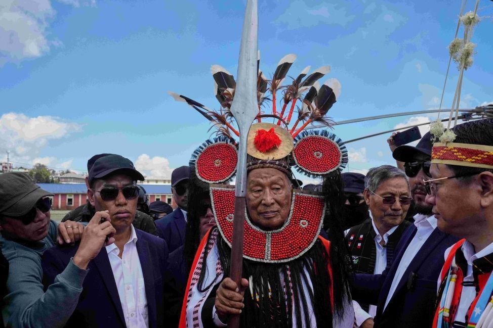National Socialist Council of Nagaland (Isak-Muivah) leader Thuingaleng Muivah being welcomed on his return to his native village of Somdal after fifty years, in Ukhrul on Wednesday