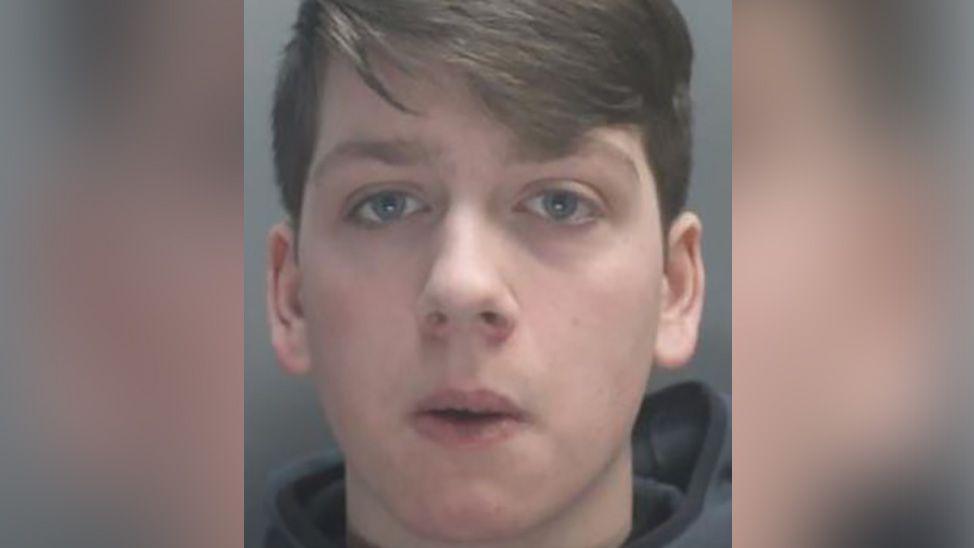 Custody image of Thomas Dures with brown hair and wearing a grey hoodie.