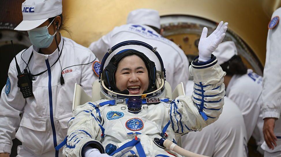 Astronaut Wang Haoze coming out of the return capsule of the Shenzhou-19 crewed spaceship