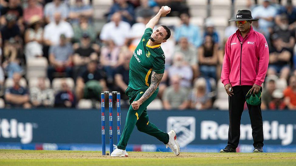 Codi Yusuf bowls during the 3rd Metro Bank ODI between England and South Africa at Utilita Bowl 