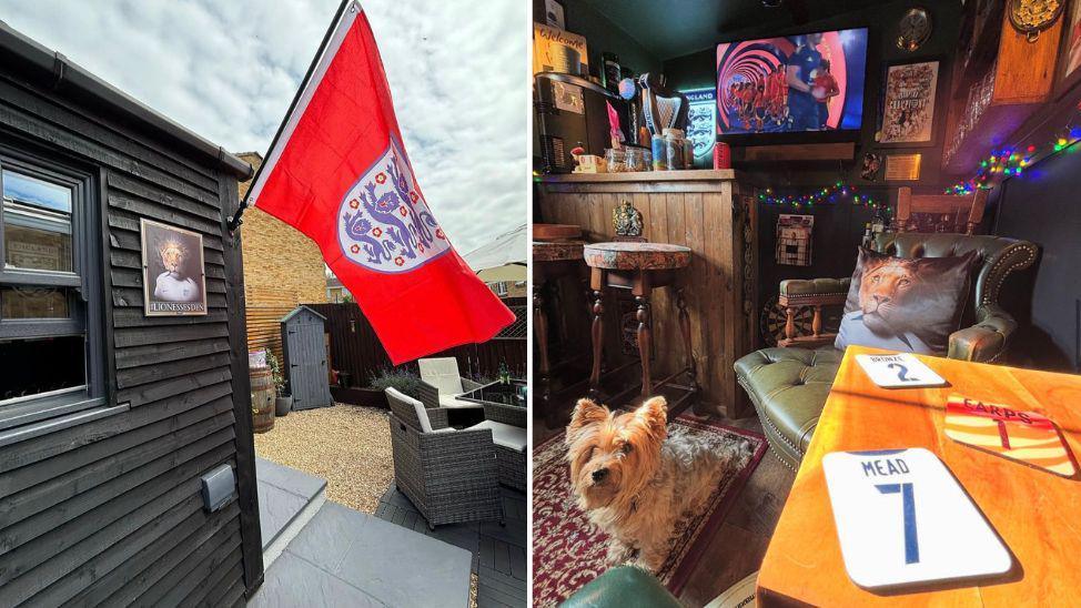 Side by side images. One shows a large red England flag attached to a black shed. The other shows the inside of the pub.