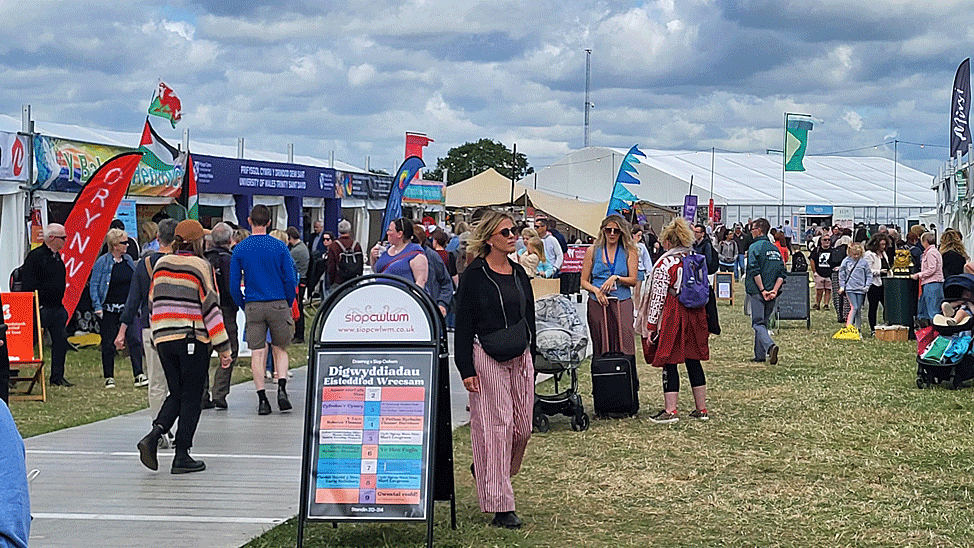 Crowds of people walk around the wide variety of stands with a hard surface added to the maes in case of bad weather