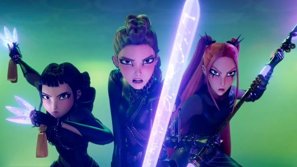 Zoey, rumi and Mira from Kpop demon hunters in their black demon hunting outfits holding glowing weapons