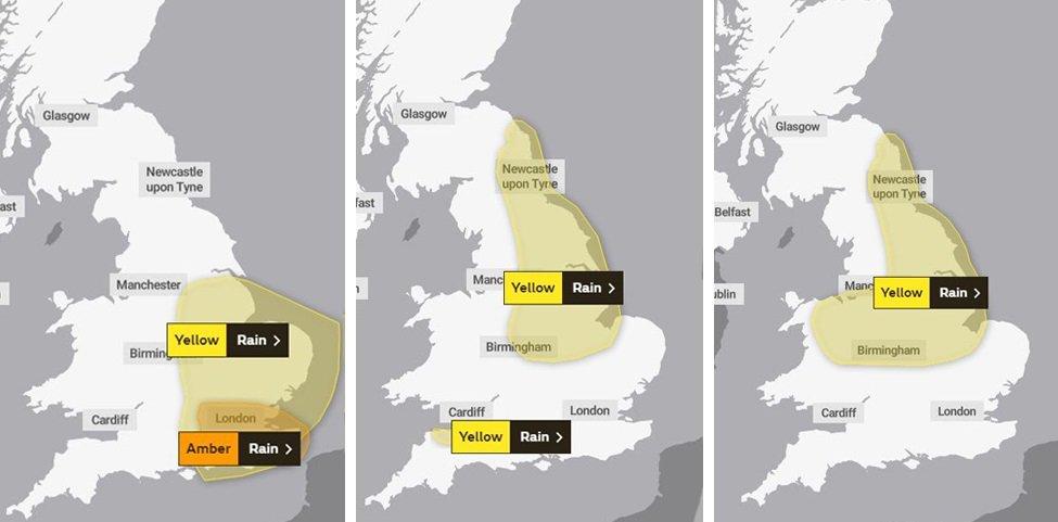 Maps showing the areas affected by the Met Office's weather warnings on Monday, Tuesday and Wednesday