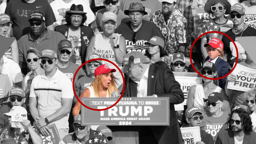 Trump at rally as shots are fired, with crowd behind and faces of Lucie and Gino circled