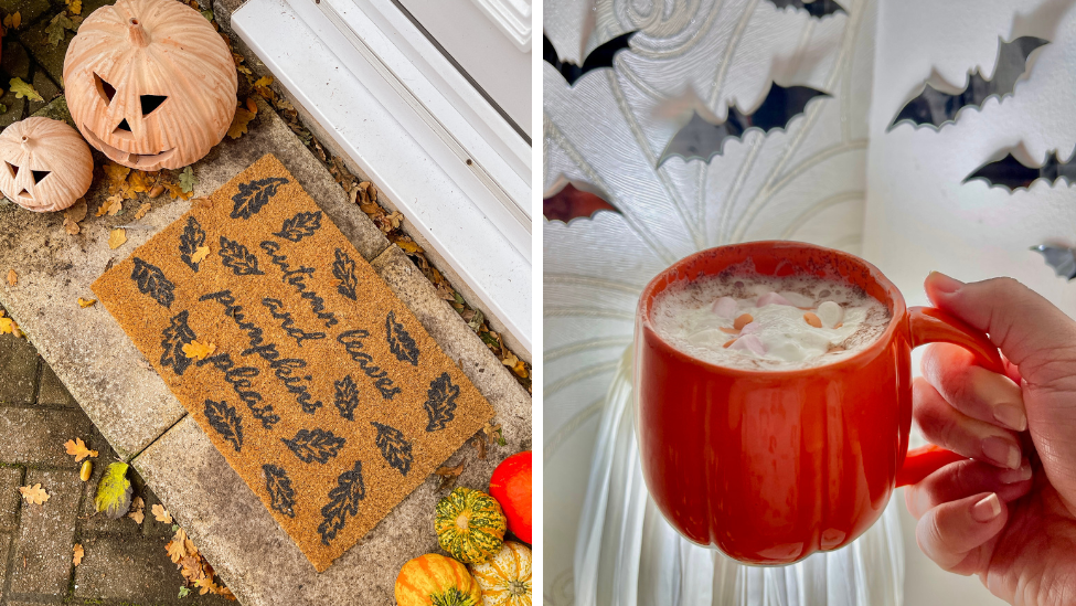 Two pictures side by side. on the left is a front porch with an various different colouted pumpkins and a brown mat decorated with leaves design and the words "autumn leaves and pumpkins please". On the right is a hand holding an orange mug filled with hot chocolate and marshmallows, against a white backdrop with black bats on it.