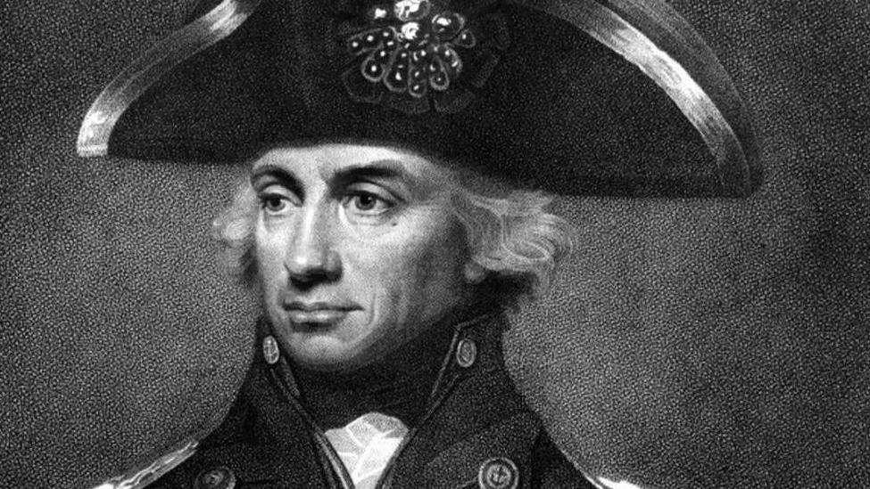 Black and white close up head and shoulders portrait of Lord Nelson wearing his admiral's hat and in uniform
