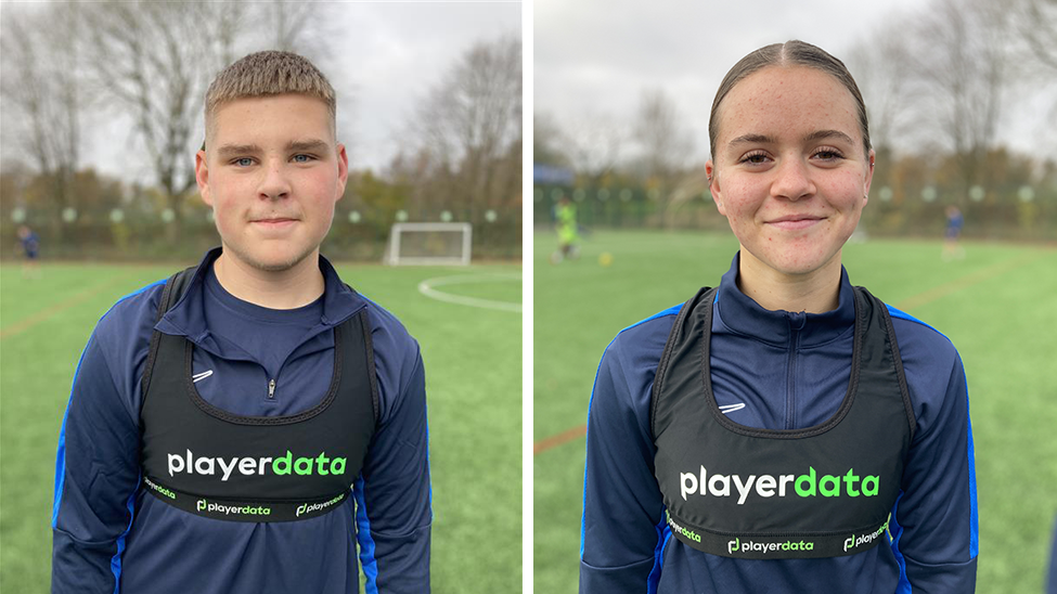 A composite image showing a teenage boy and a teenage girl standing on a football pitch and smiling at the camera, both wearing the same training kit.