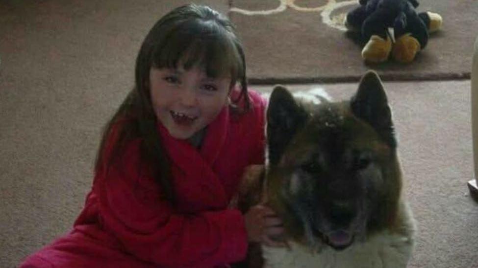 A little girl wearing a pink dressing gown sits on the floor next to a dog.