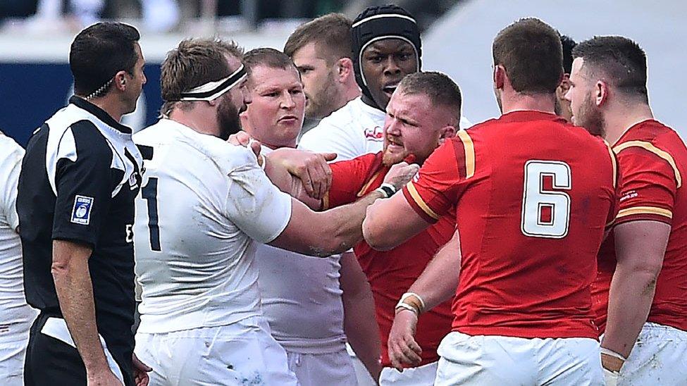 Joe Marler and Samson Lee confront each other