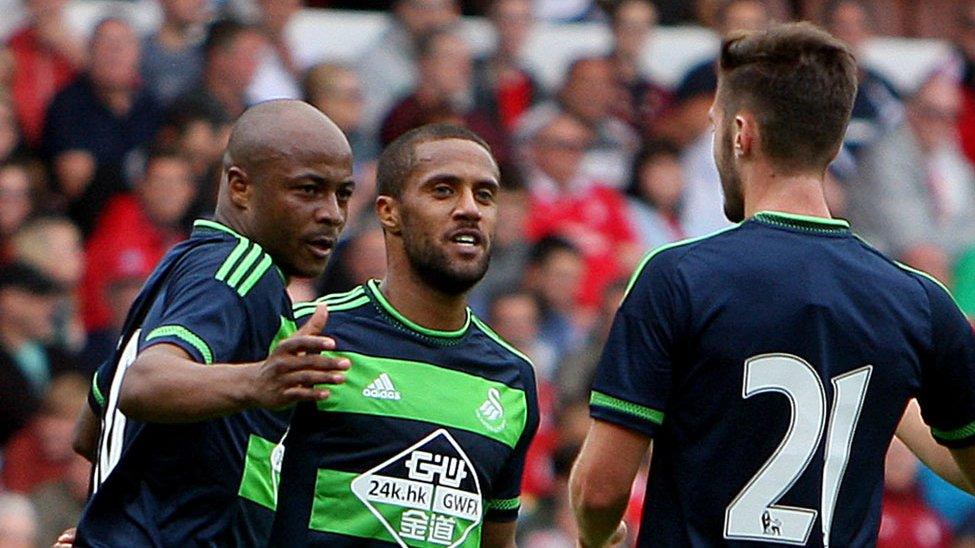 Andre Ayew celebrates his first goal for Swansea city