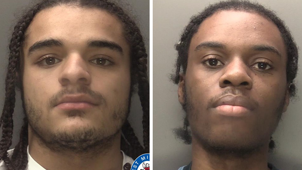 A composite image of two mugshots of two men looking at the camera. Both have dark hair. Both men have short beards. 