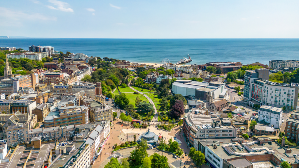 Bournemouth town centre with sea in the background on a sunny day