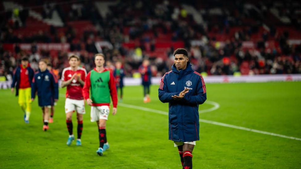 Marcus Rashford of Manchester United applauds the fans at the end of the Premier League match against Chelsea at Old Trafford