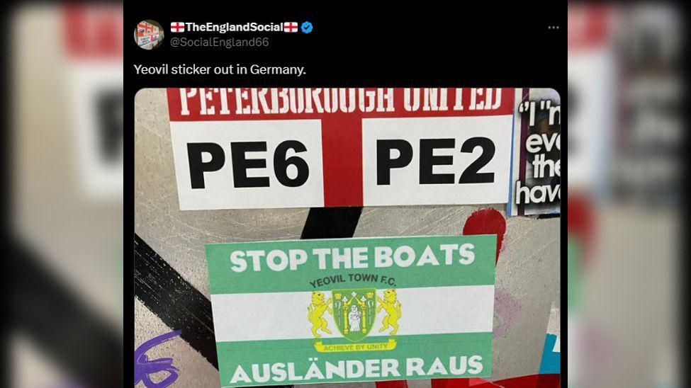 A screenshot of a post on X, displaying the sticker with the Yeovil Town FC logo and the words 'stop the boats' above