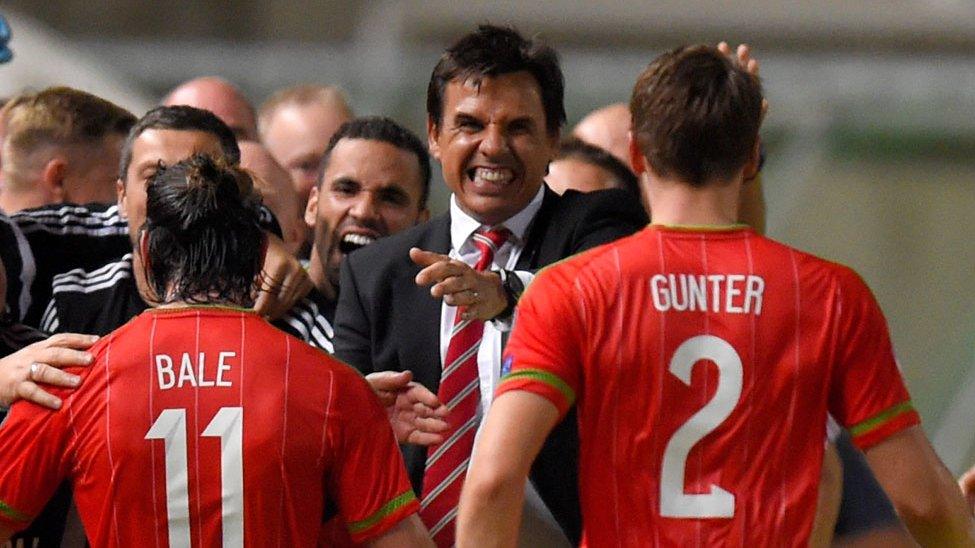 Wales players and management celebrate Gareth Bale's winning goal against Cyprus