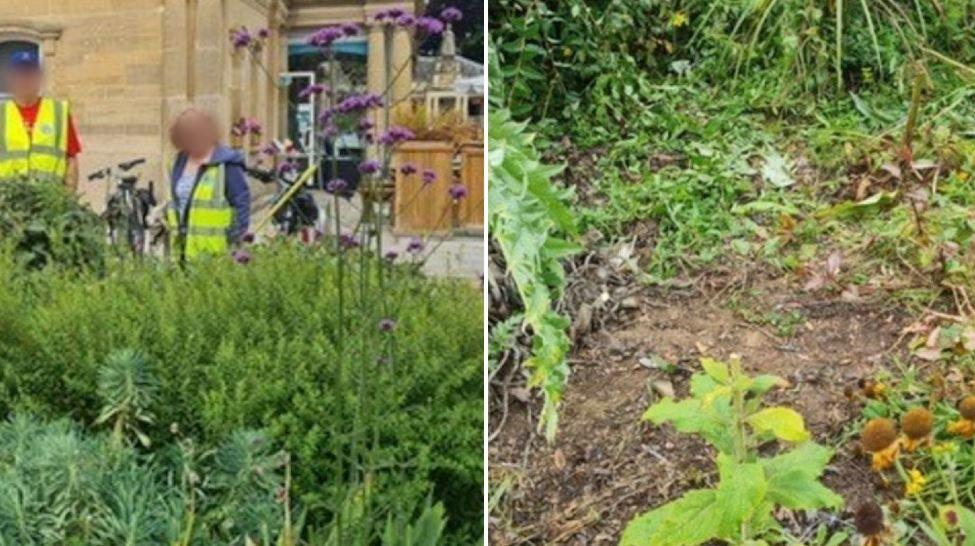 A picture of before and after the damage that took place. On the left, people can be seen stood in the background of the image.