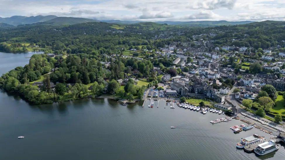 Aerial view of Windermere with a harbour in the foreground