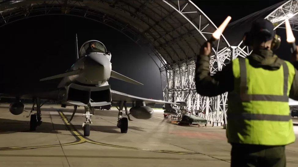 A typhoon jet in a hanger at RAF Coningsby