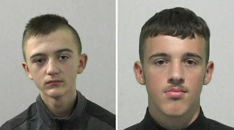 A composite of the two mugshots of Joe Lathan and Leighton Mayo. Lathan has short brown hair and shaved side. Mayo has short brown hair and a wispy brown moustache.