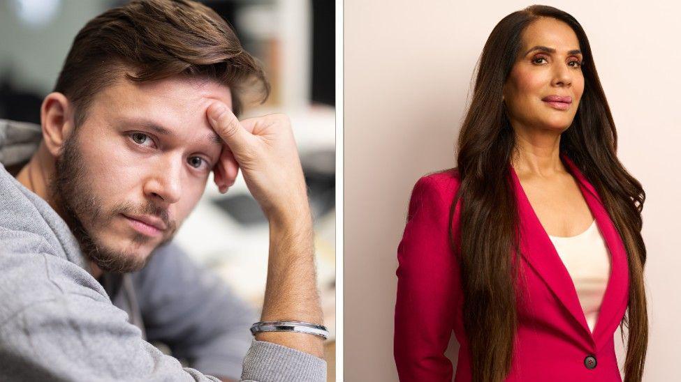 A man with light brown hair wearing a grey jumper and silver Sikh kara bangle holds his head with one hand on the left. A woman with long medium brown hair wearing a hot pink blazer suit with a white vest stands on the right.