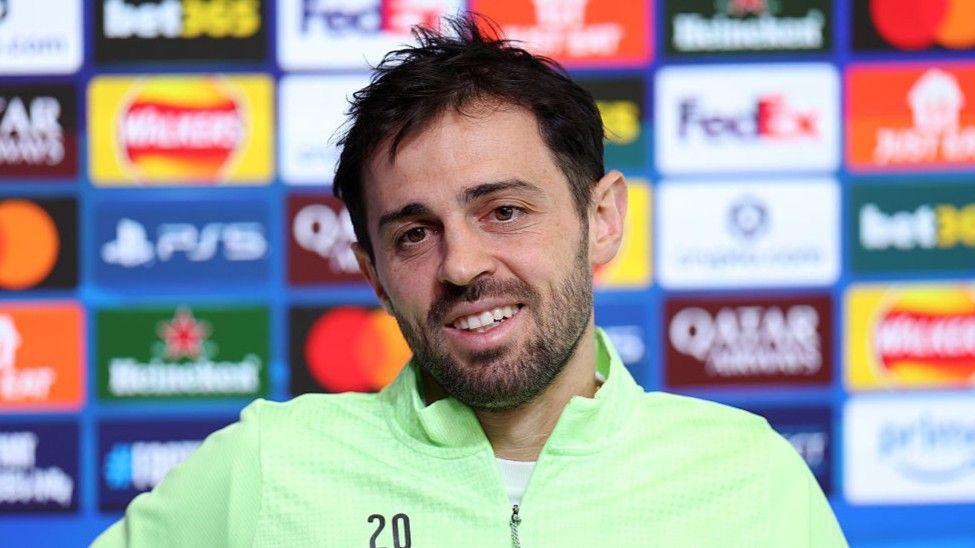 Manchester City skipper Bernardo Silva smiling during his pre-match news conference