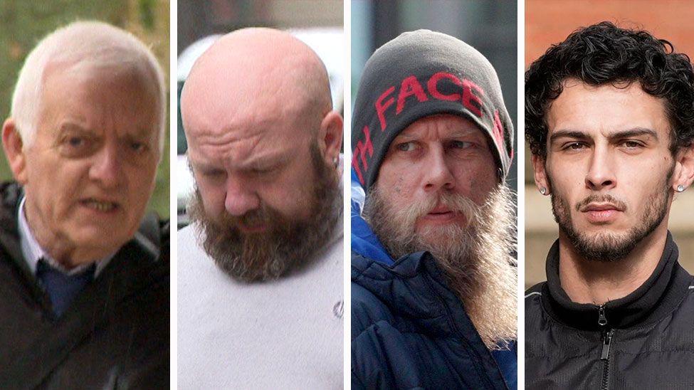 A composite image of four of the defendants as they arrived in court in 2026