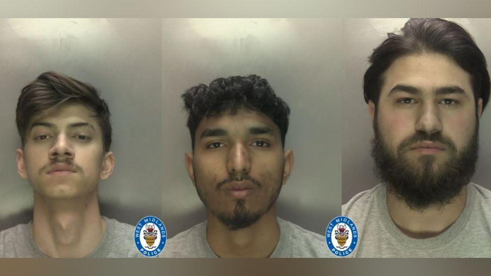 Three police mugshots show three men. The man in the left mugshot has brown hair and a moustache. The man in the central mugshot has black and and a black moustache and goatee. The man in the right mugshot has brown hair and a full beard and moustache.