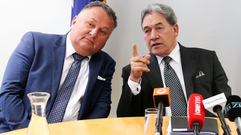 Shane Jones and Winston Peters pictured at a news conference